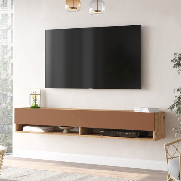 Ceglasto-naturalna szafka pod TV w dekorze sosny 180x29x32 cm – Kalune Design-image-1