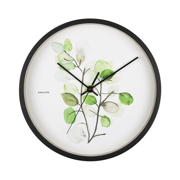 Zielono-biały zegar w czarnej ramie Karlsson Eucalyptus, ø 26 cm