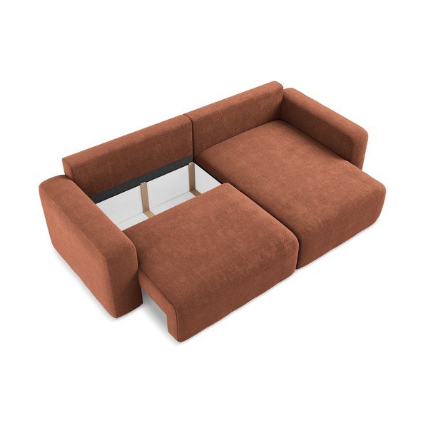Rozkładany/ze schowkiem narożnik z tkaniny szenilowej (prawostronny/z szezlongiem) w kolorze terakoty Kona – Makamii-image-4