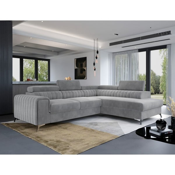 Szary aksamitny rozkładany/ze schowkiem narożnik (prawostronny/w kształcie litery L) Laurence – ELTAP-image-4