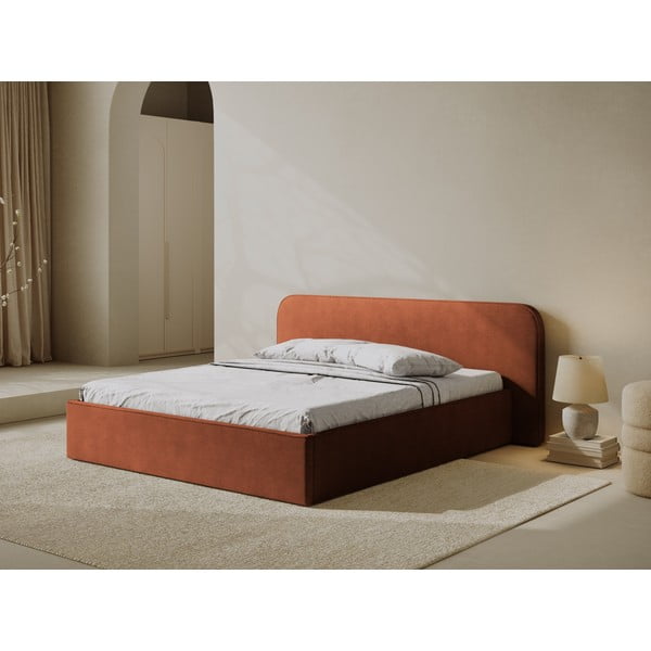 Ceglaste tapicerowane łóżko dwuosobowe ze schowkiem i stelażem 200x200 cm Elizabeth – Micadoni -image-1