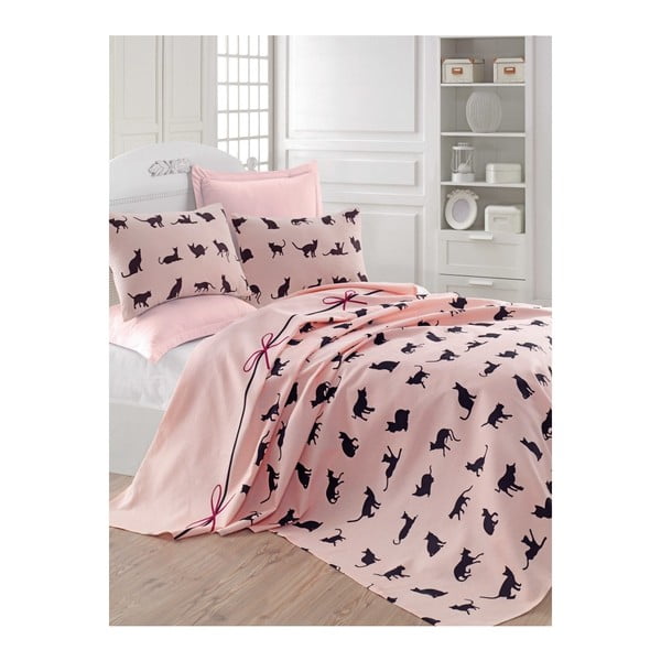 Różowa narzuta na łóżko Mijolnir Cats, 160x230 cm