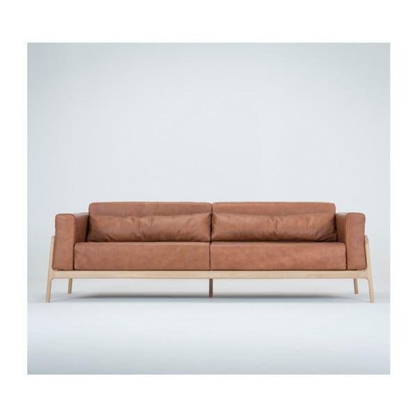 Karmelowa sofa z bawolej skóry z konstrukcją z litego drewna dębowego Gazzda Fawn, 240 cm-image-1