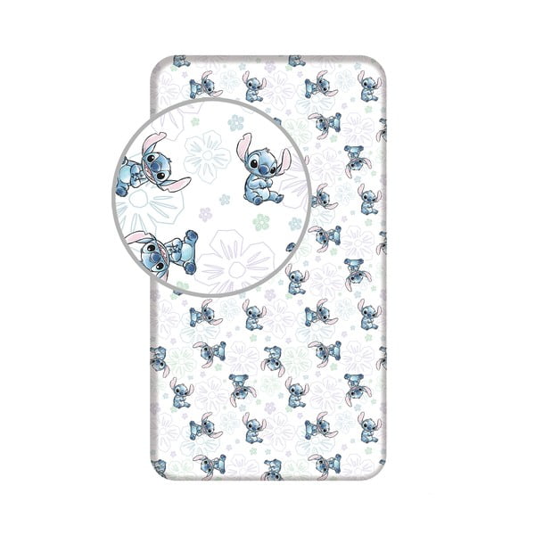 Białe bawełniane prześcieradło dziecięce z gumką jednoosobowe 90x200 cm Lilo and Stitch "Ohana White"  – Jerry Fabrics