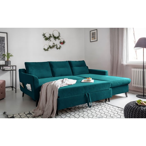 Turkusowy aksamitny narożnik rozkładany Miuform Stylish Stan, prawostronny-image-4