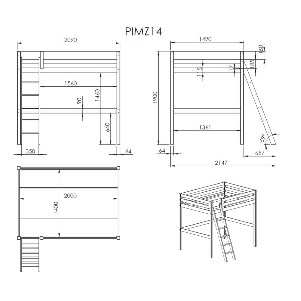 Białe łóżko dziecięce z drabinką Vipack Pino, 140x200 cm (zdjęcie 3)