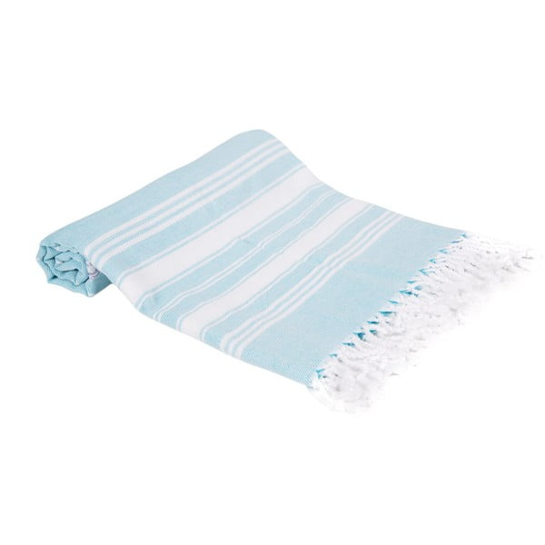 Niebieski ręcznik kąpielowy tkany ręcznie Ivy's Melek, 100x180 cm