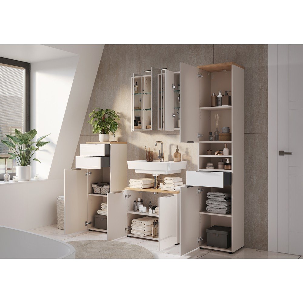 Kremowa wysoka/wąska szafka łazienkowa z połyskiem 39x112 cm Tavira – Germania (zdjęcie 6)