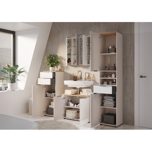 Kremowa wysoka/wąska szafka łazienkowa z połyskiem 39x190 cm Tavira – Germania-image-4