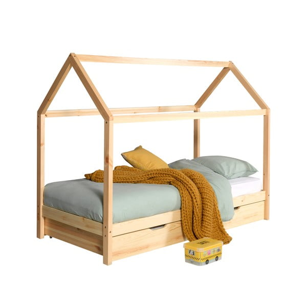 Łóżko dziecięce z litego drewna sosnowego w kształcie domku z wysuwanym łóżkiem ze schowkiem 90x200 cm DALLAS – Vipack