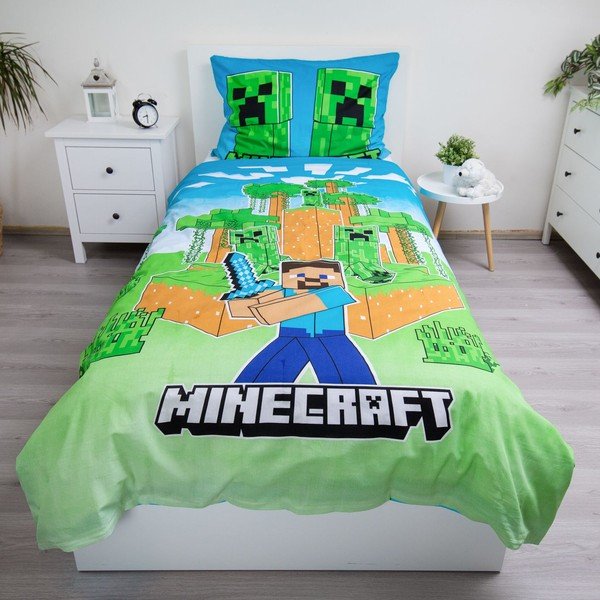 Bawełniana fluorescencyjna pościel dziecięca jednoosobowa 140x200 cm Minecraft "Jungle Fight" – Jerry Fabrics-image-1