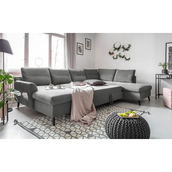 Jasnoszara aksamitna rozkładana sofa w kształcie litery "U" Miuform Stylish Stan, prawostronna-image-4