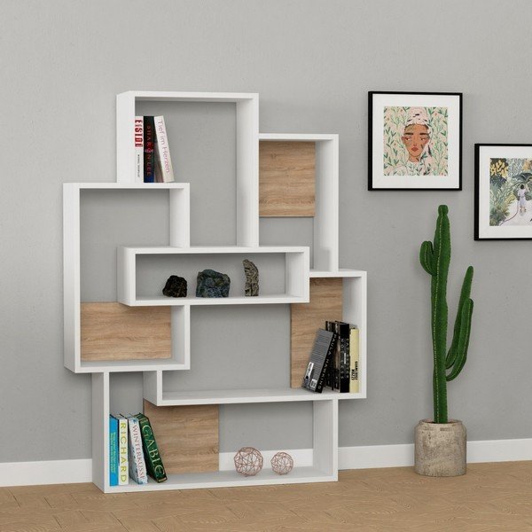 Biała biblioteczka z detalami w dekorze dębowego drewna Barce White Oak-image-1
