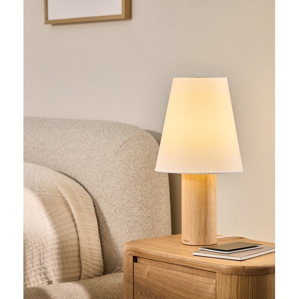 Biała/w naturalnym kolorze lampa stołowa z litego drewna kauczukowego z tekstylnym kloszem (wysokość 49,5 cm) Marga – Kave Home-image-1