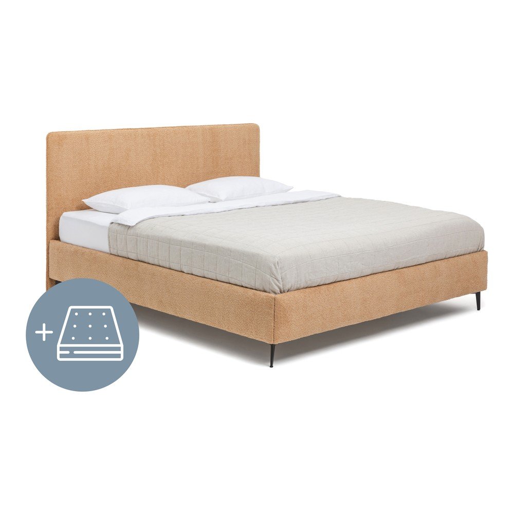 Musztardowe tapicerowane łóżko dwuosobowe z materacem i stelażem 160x200 cm Noira Slim – Bonami Selection