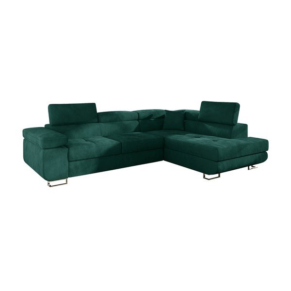 Zielony aksamitny rozkładany/ze schowkiem narożnik (prawostronny/w kształcie litery L) Anton – ELTAP-image-2