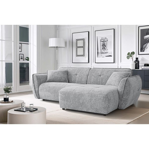 Jasnoszary narożnik z tkaniny szenilowej (prawostronny/z szezlongiem) Nelia – Ropez-image-1