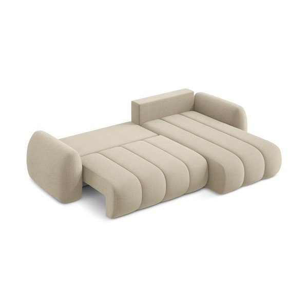 Jasnobrązowy rozkładany narożnik z materiału bouclé ze schowkiem (prawostronny/z szezlongiem) Pele – Makamii-image-4