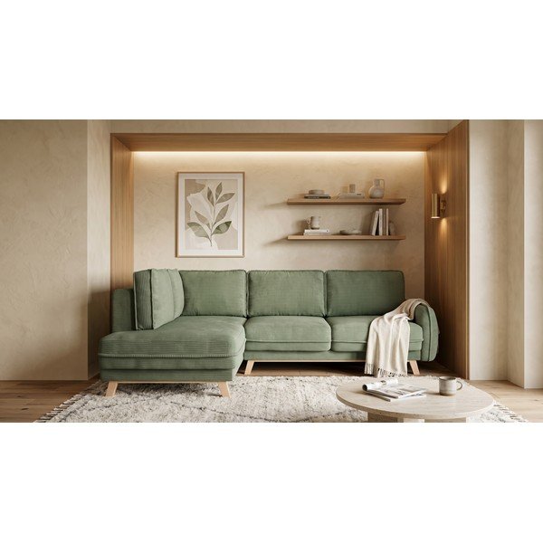 Jasnozielony sztruksowy rozkładany narożnik (lewostronny) Tori – Bonami Selection-image-1