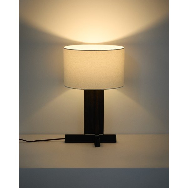 Biała/ciemnobrązowa lampa stołowa z litego drewna kauczukowego z tekstylnym kloszem (wysokość 48 cm) Niani – Kave Home-image-1