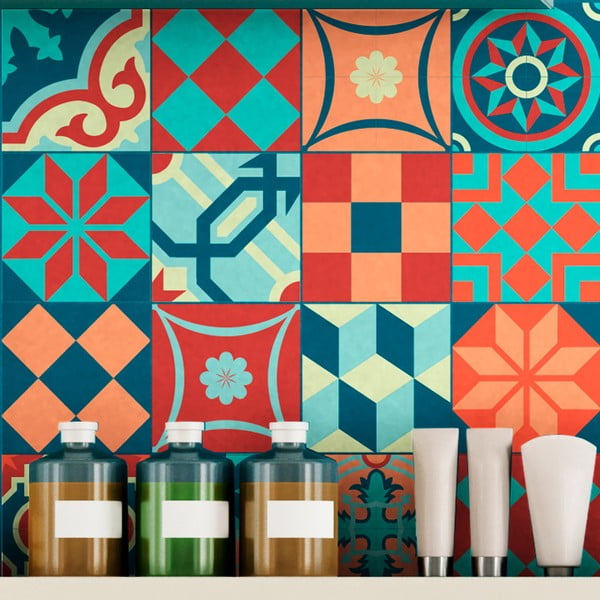 Zestaw 16 naklejek ściennych Ambiance Wall Stickers Tiles Azulejos Colorful Vintage Style, 10x10 cm