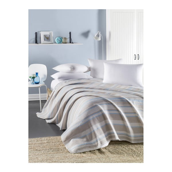 Niebiesko-beżowa lekka pikowana bawełniana narzuta na łóżko Runino Overra, 160x220 cm