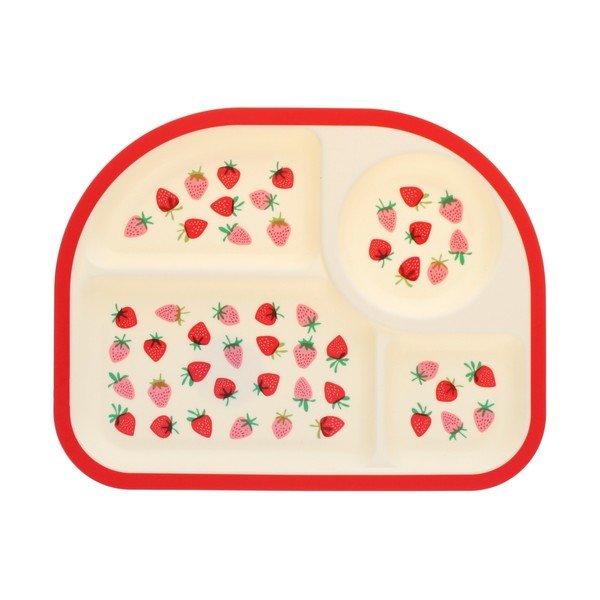 Czerwony/beżowy plastikowy talerz dla dzieci 21x27 cm Little Strawberry – Rex London
