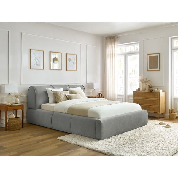 Jasnoszare tapicerowane łóżko dwuosobowe ze schowkiem i stelażem 160x200 cm Vernon – Bobochic Paris-image-1