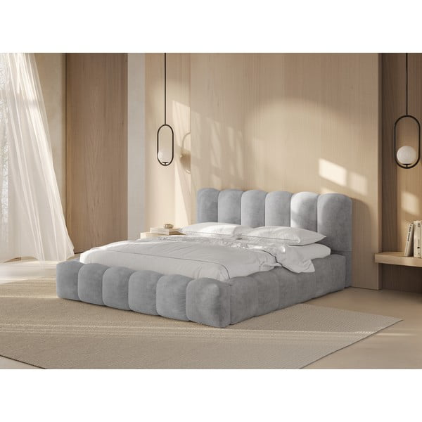 Jasnoszare tapicerowane łóżko dwuosobowe ze schowkiem i stelażem 200x200 cm Lupine – Micadoni Home-image-1