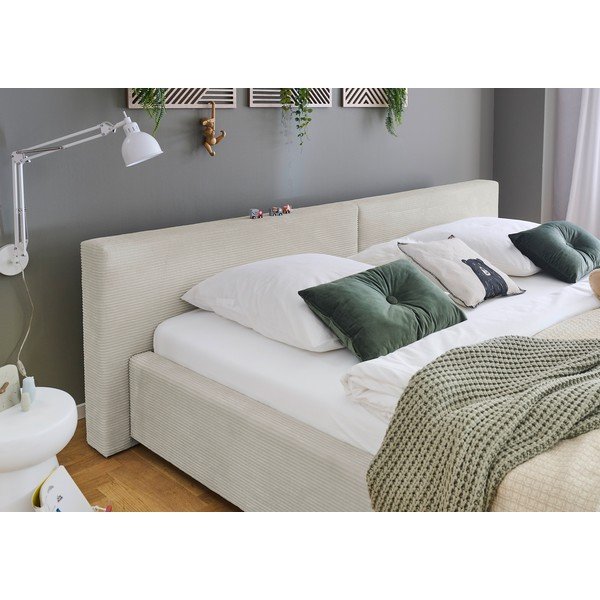 Beżowe tapicerowane łóżko dwuosobowe ze schowkiem ze stelażem 200x240 cm Cube – Meise Möbel-image-3