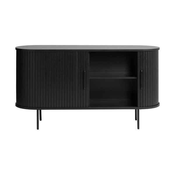 Czarna niska komoda w dekorze dębu z drzwiami przesuwnymi 140x76 cm Nola – Unique Furniture-image-3
