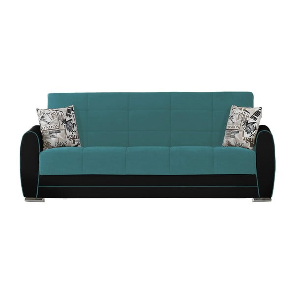 Turkusowo-czarna trzyosobowa sofa rozkładana ze schowkiem Esidra Rest