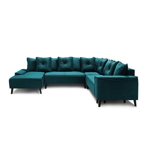 Morska aksamitna sofa rozkładana kształcie U Bobochic Paris Panoramique XXL Hera Bis, lewostronna