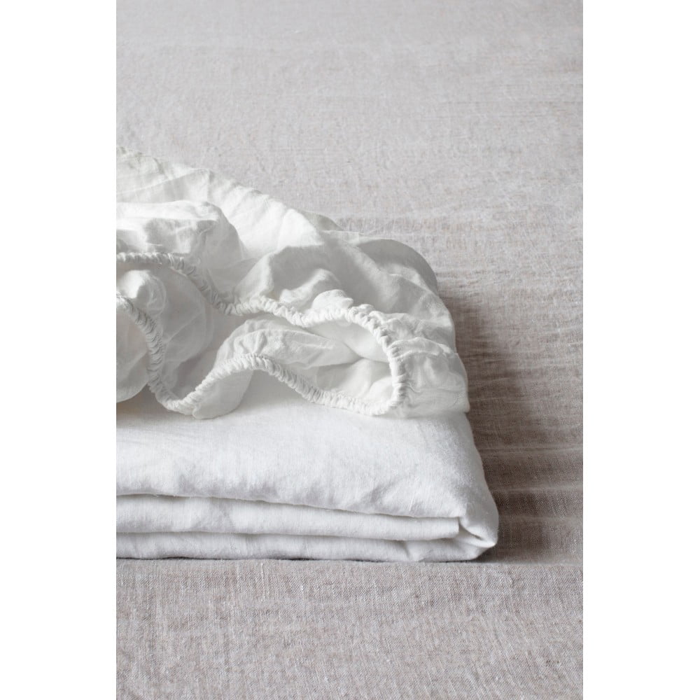 Białe elastyczne prześcieradło lniane Linen Tales, 90x200 cm