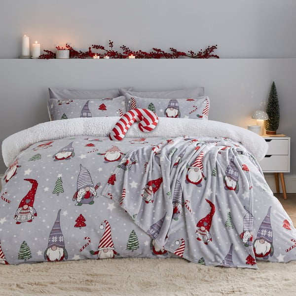 Szara pościel dwuosobowa z mikropluszu 230x220 cm Festive Gnomes – Catherine Lansfield-image-1
