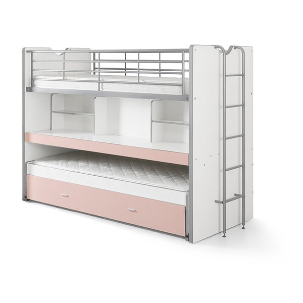 Biało-różowe łóżko piętrowe z półkami Vipack Bonny, 220x100 cm