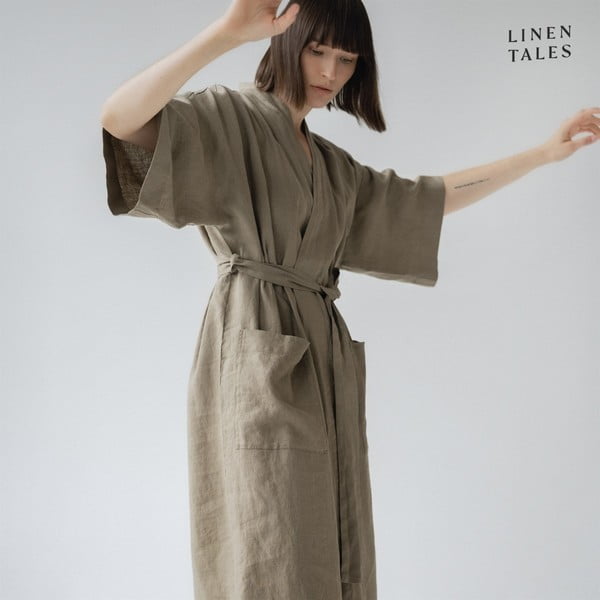 Lniany szlafrok w kolorze khaki w rozmiarze L/XL Summer – Linen Tales-image-1