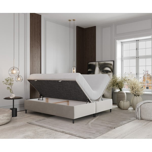 Kremowe tapicerowane łóżko dwuosobowe ze schowkiem 200x200 cm Tate – Maison de Rêve-image-2
