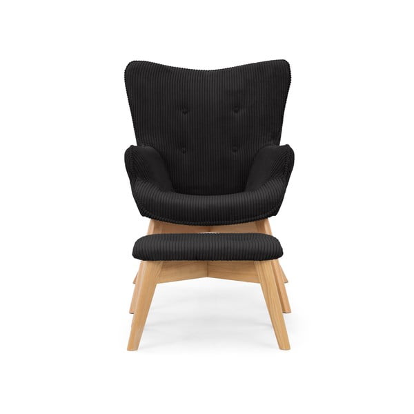 Czarny sztruksowy fotel z podnóżkiem Niko – Ropez-image-3