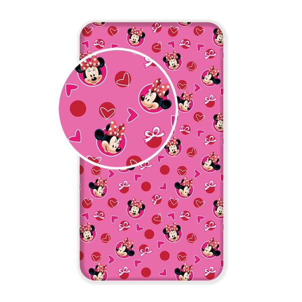 Różowe bawełniane prześcieradło dziecięce z gumką 90x200 cm Minnie "Hearts" – Jerry Fabrics