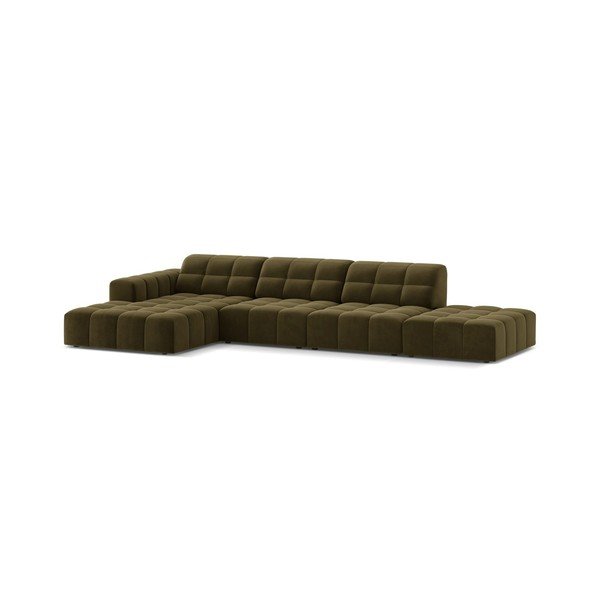 Aksamitny narożnik (lewostronny/z szezlongiem) w kolorze khaki Chicago – Cosmopolitan Design-image-1