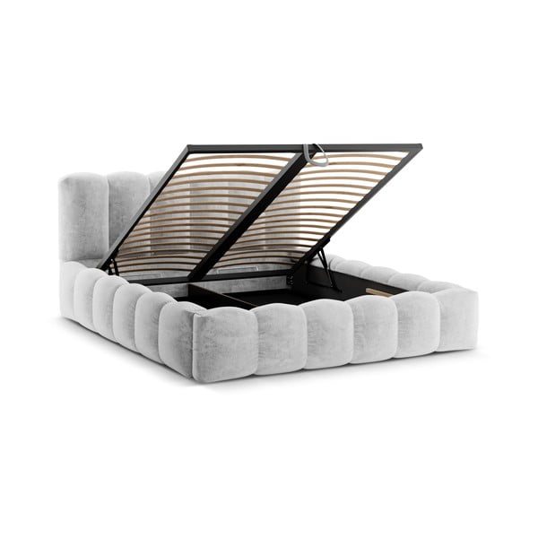 Jasnoszare tapicerowane łóżko dwuosobowe ze schowkiem i stelażem 200x200 cm Lupine – Micadoni Home-image-2