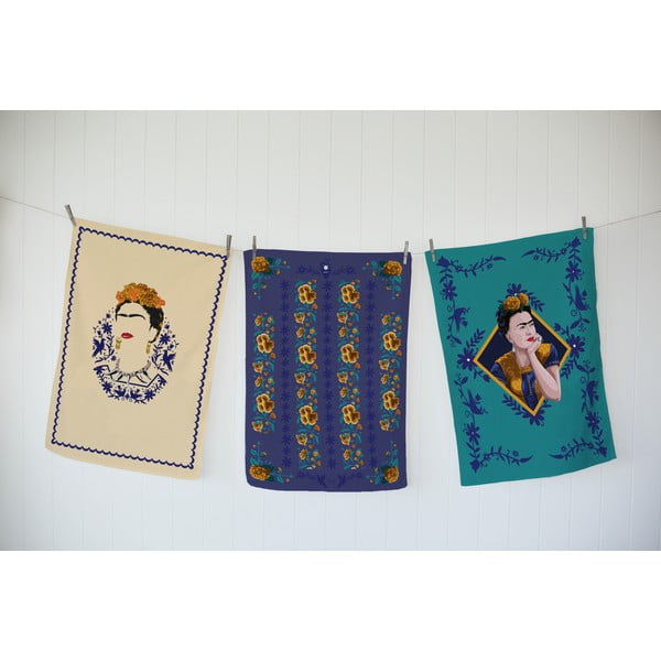 Zestaw 3 ścierek z domieszką bawełny Madre Selva Frida Blue, 50x70 cm