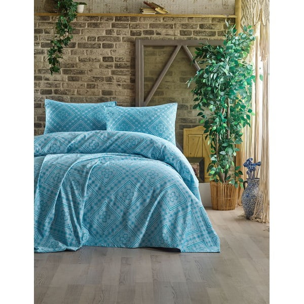 Zestaw narzuty na łóżko i 2 poszewek na poduszki EnLora Home Swuare Light Blue, 240x220 cm