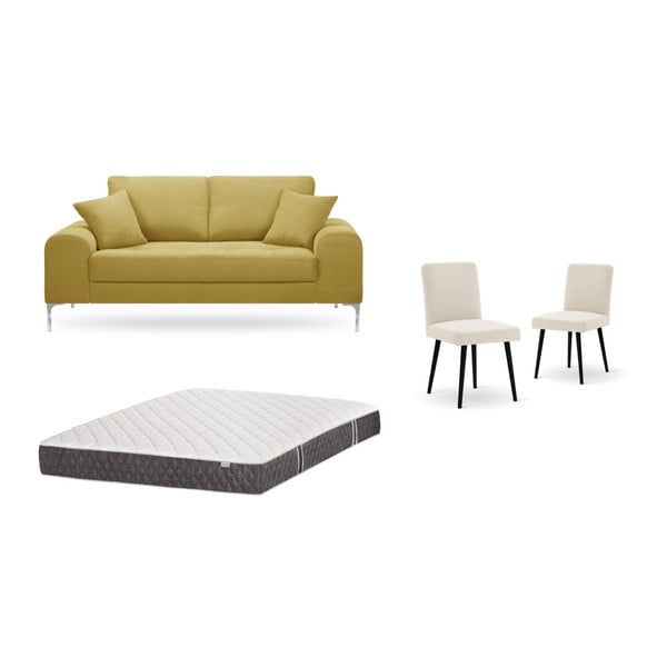 Zestaw 2-osobowej żółtej sofy, 2 kremowych krzeseł i materaca 140x200 cm Home Essentials