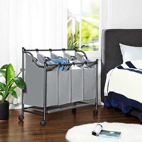 Szary kosz na pranie na kółkach z 4 segmentami Songmics-image-3