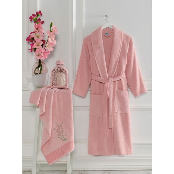 Różowy bawełniany zestaw szlafroka i ręcznika w rozmiarze S/M – Mila Home