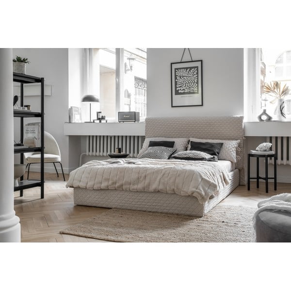 Beżowe tapicerowane łóżko dwuosobowe ze schowkiem i stelażem 140x200 cm Sleepy Luna – Miuform-image-1