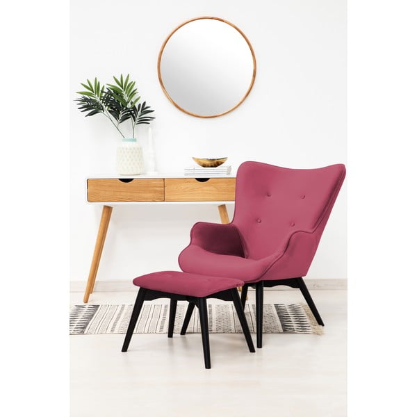 Różówoczerwony fotel z podnóżkiem i nogami w ciemnym kolorze Vivonita Cora Velvet-image-1