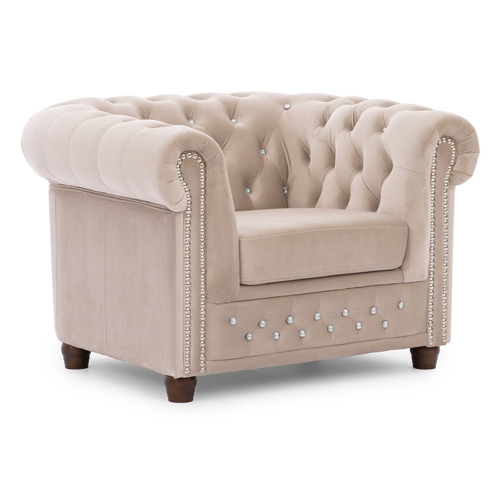 Beżowy aksamitny fotel typu chesterfield York Blik – Ropez